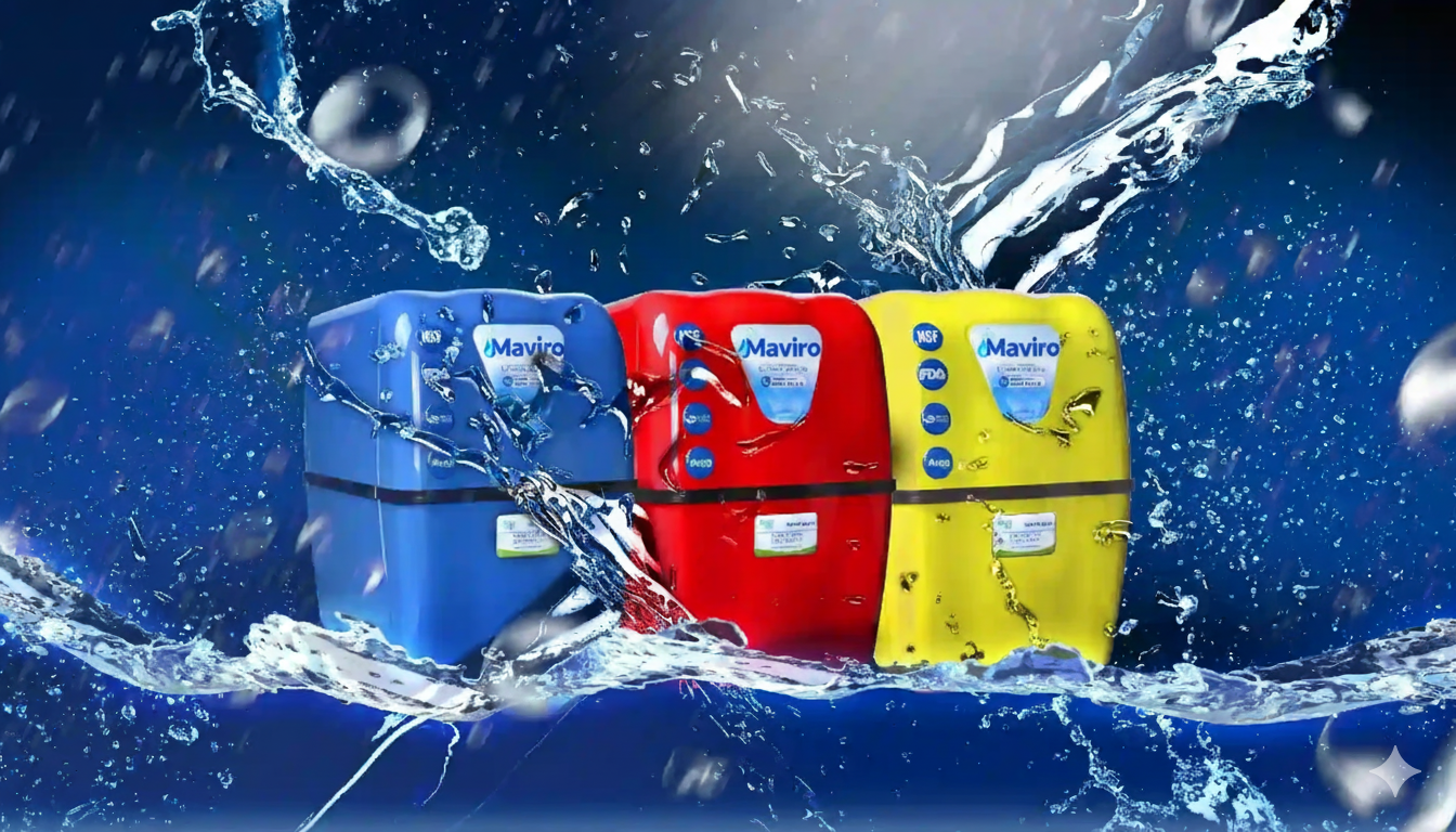 Modern mutfakta şık su arıtma cihazı ve temiz su damlaları